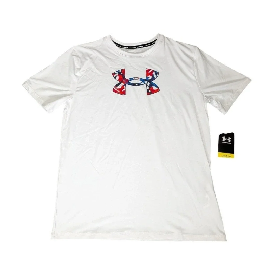 Under Armour Youth XL White Swim Shirt Rash Guard UPF 50 Patriotic Logo NWT